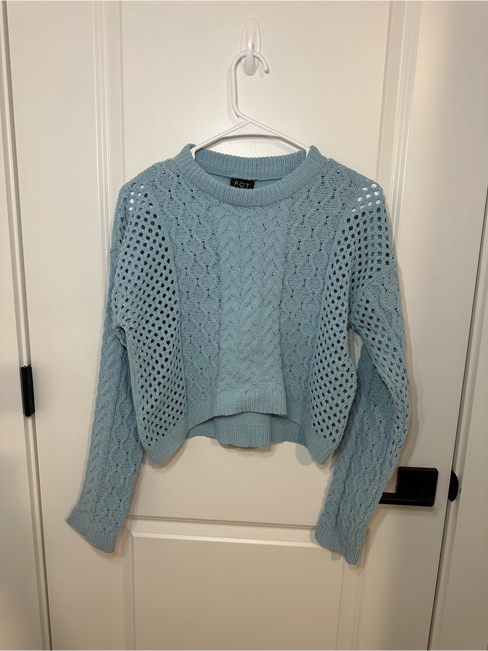 Light Blue Cable & Openwork Crew Sweater-Size Juniors XL